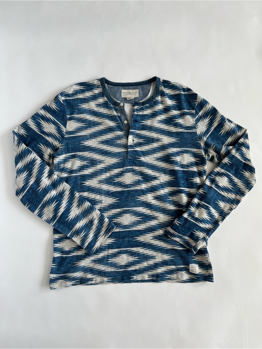 Denim & Supply Men’s Blue Ikat Henley Long-Sleeve Jersey Shirt